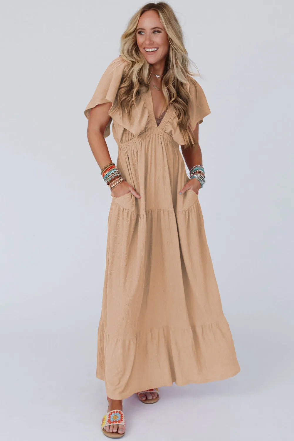 Textured V Neck Flutter Sleeve Ruffled Maxi Dress