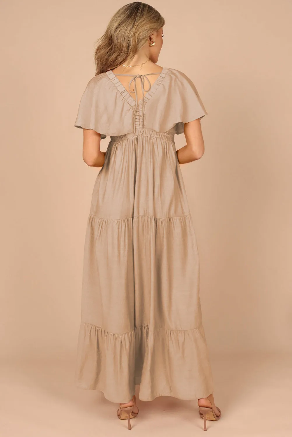 Textured V Neck Flutter Sleeve Ruffled Maxi Dress