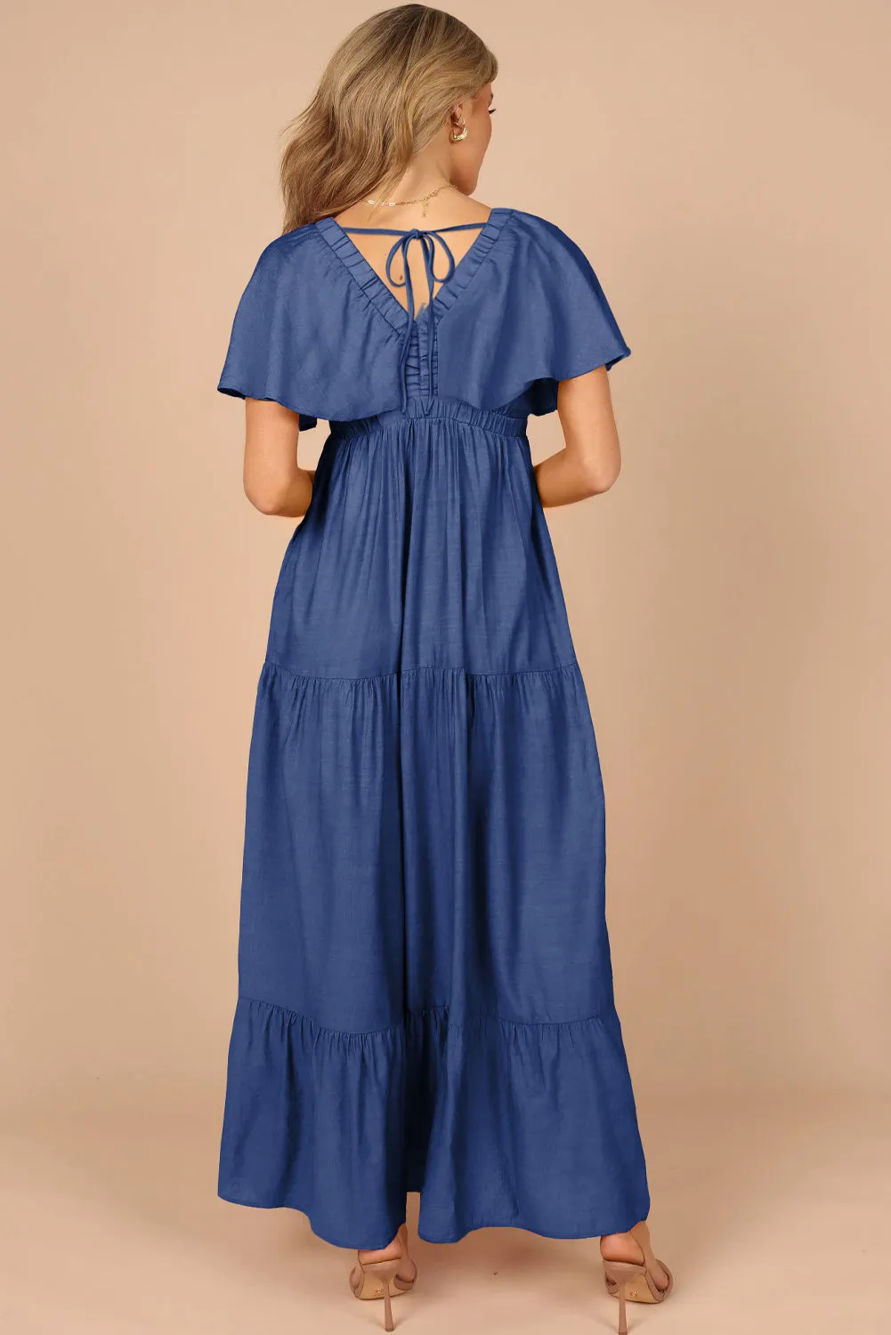 Textured V Neck Flutter Sleeve Ruffled Maxi Dress