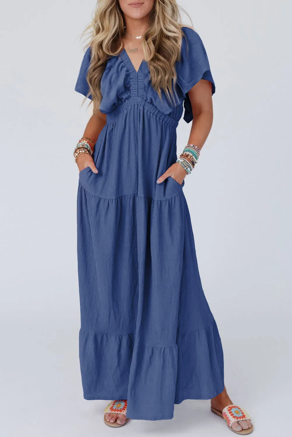 Textured V Neck Flutter Sleeve Ruffled Maxi Dress