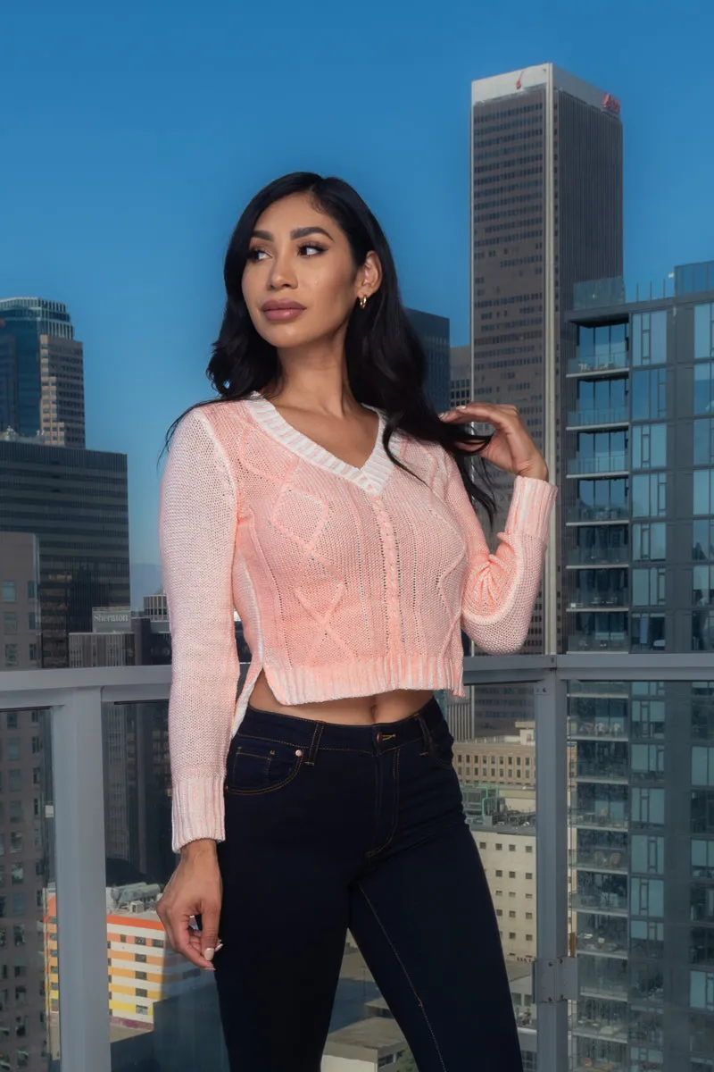 V-Neck Coated Cable Knit Sweater (46821072) Y